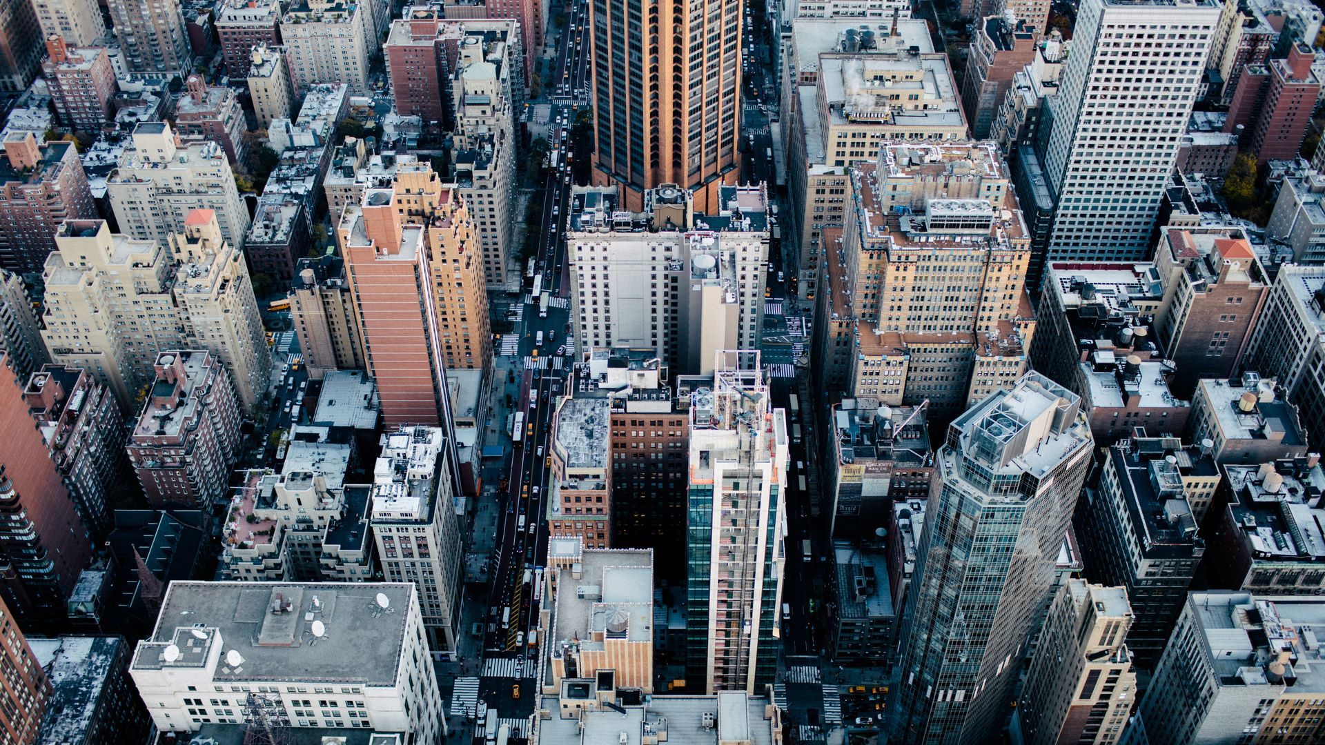 bird's eye view of a city's skyscraper buildings