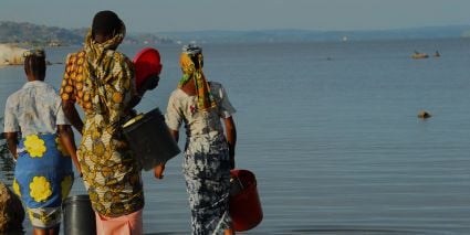 A group of people at a lake