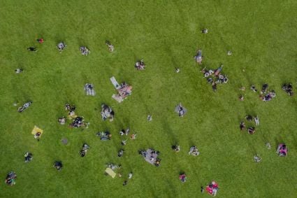 An aerial shot of a crowd of people on a green lawn