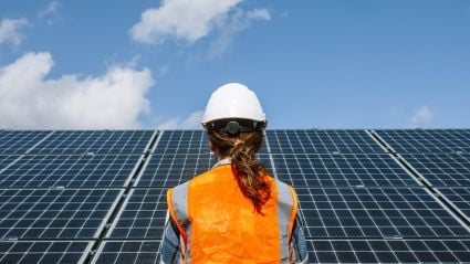 A person in a hardhat and hi-viz vest observes a large solar panel.