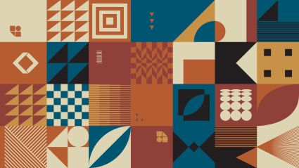 Multicolored geometric patterns in orange, blue, and yellow hues.