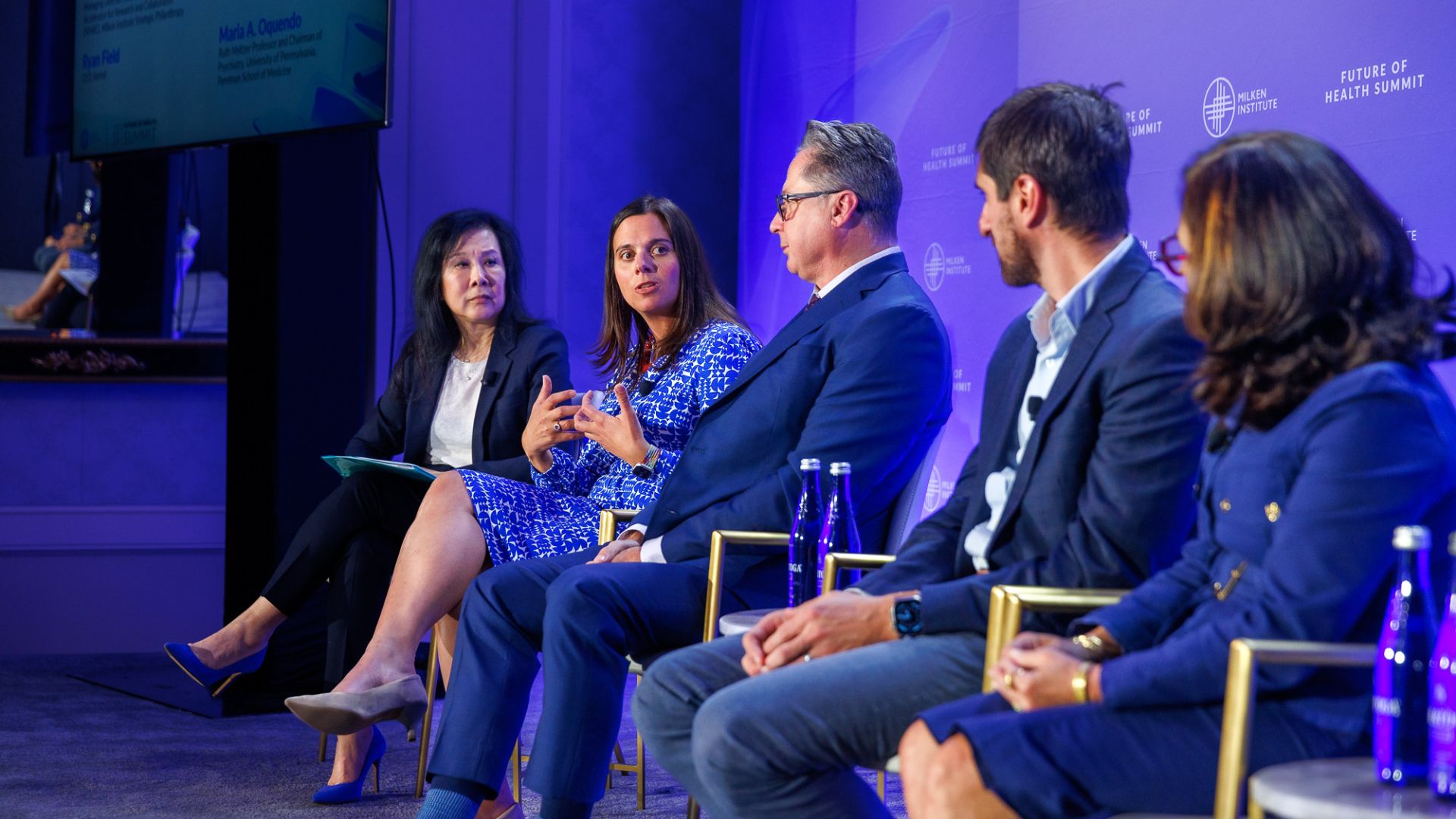 Panelists (left to right):  Alice Park (moderator), TIME; Cara Altimus, Milken Institute Strategic Philanthropy; Doug Drysdale, Cybin; Ryan Field, Kernel; Maria A. Oquendo, University of Pennsylvania.