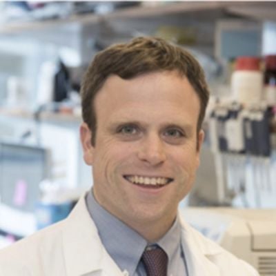 A smiling light-skinned male-presenting person with brown hair wearing a light blue buttonup with a lab coat against a blurred background