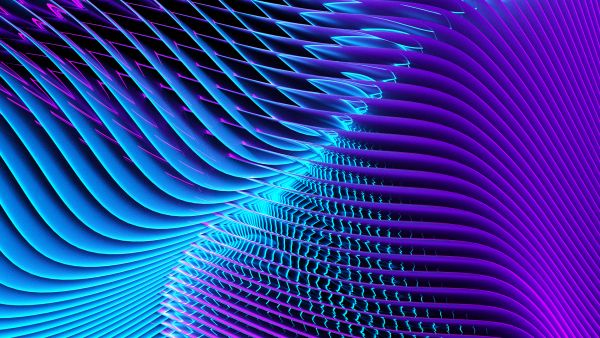 An abstract image of blue and purple ombre 3D waves.