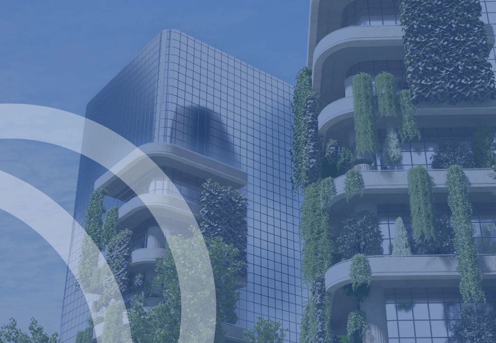 view of building from below with greenery on balconies and abstract transparent gray overaly