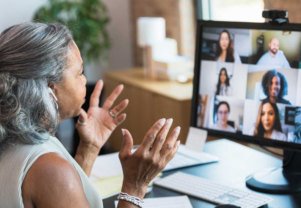 A woman on a virtual conference call