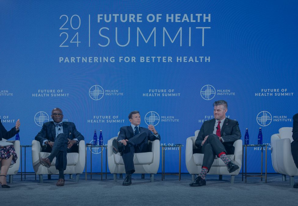 Five people seated on a stage during a panel at the 2024 Milken Institute Future of Health Summit.