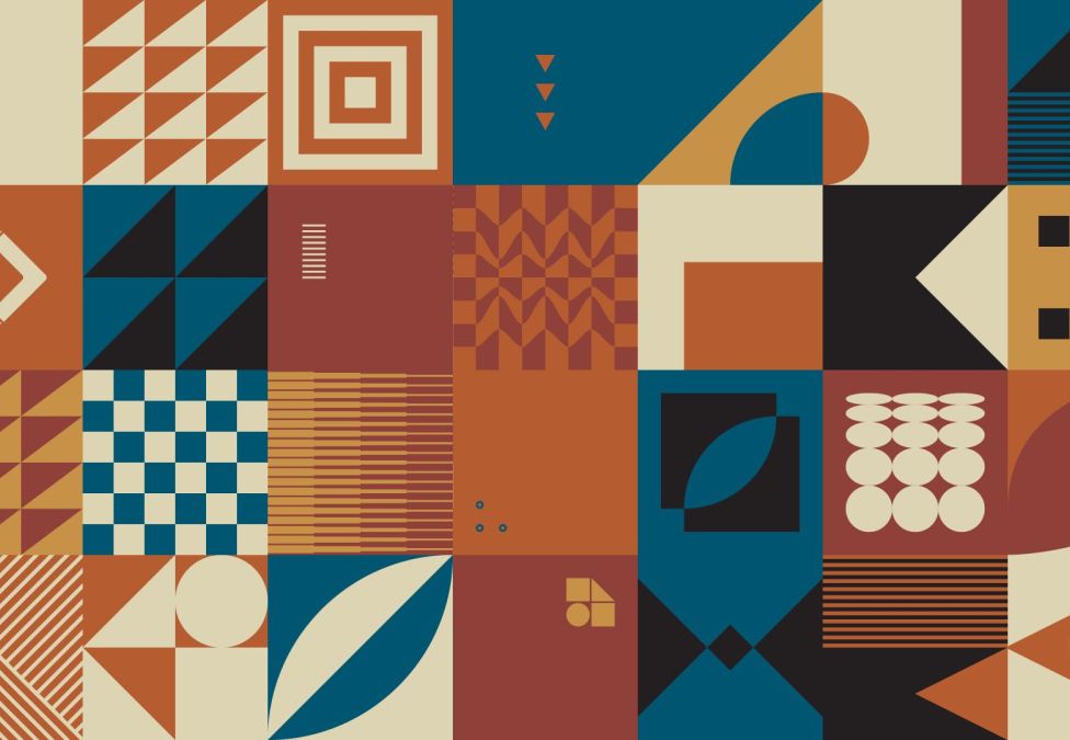 Multicolored geometric patterns in orange, blue, and yellow hues.